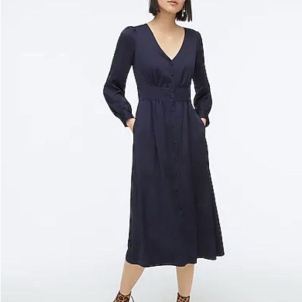 J Crew Satin Long Sleeve Blue Midi Dress Button Front Women's 12 Classic Luxury
